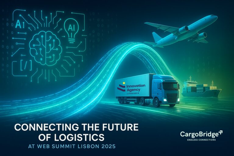 CargoBridge team presenting at Web Summit Lisbon 2025, showcasing AI-powered logistics innovation and sustainability solutions.