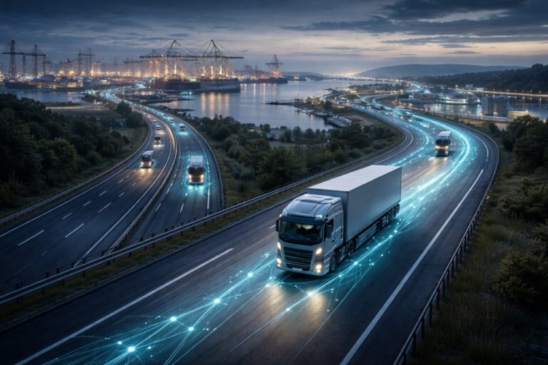 Long-haul trucks traveling along a European freight corridor with digital data flows integrated into highways, ports, and logistics hubs at dusk.