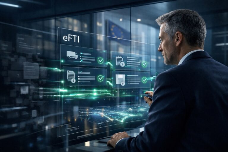 Executive reviewing a transparent digital dashboard labeled eFTI with verified freight data flows in a modern European regulatory environment.