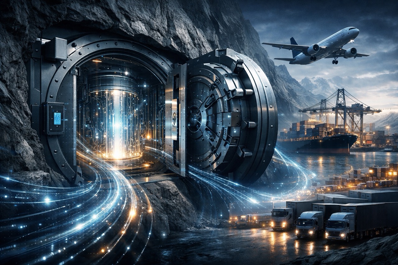 ortified mountain vault carved into rock with an open steel door revealing a glowing data core, connected by flowing light to ships, planes, trucks, and a port.
