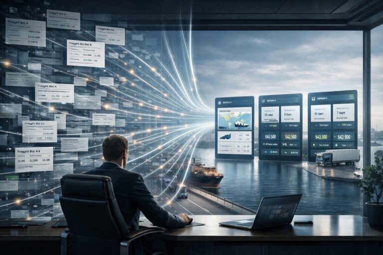Executive reviewing freight procurement bids as fragmented logistics data converges into three AI-selected optimal transport options in a modern global logistics environment.
