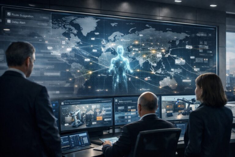 Corporate operations room with executives observing an AI system managing global logistics through digital dashboards, maps, and automated workflows