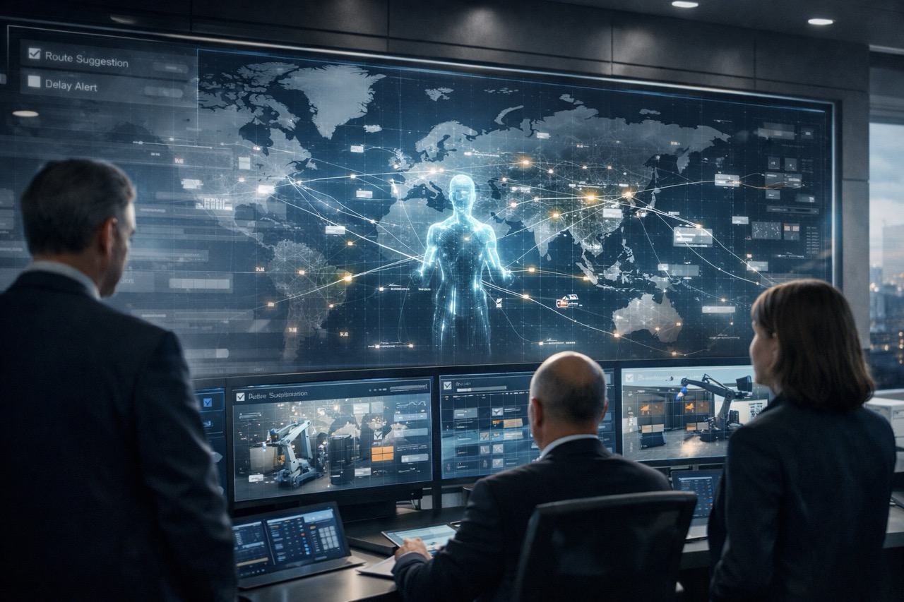 Corporate operations room with executives observing an AI system managing global logistics through digital dashboards, maps, and automated workflows