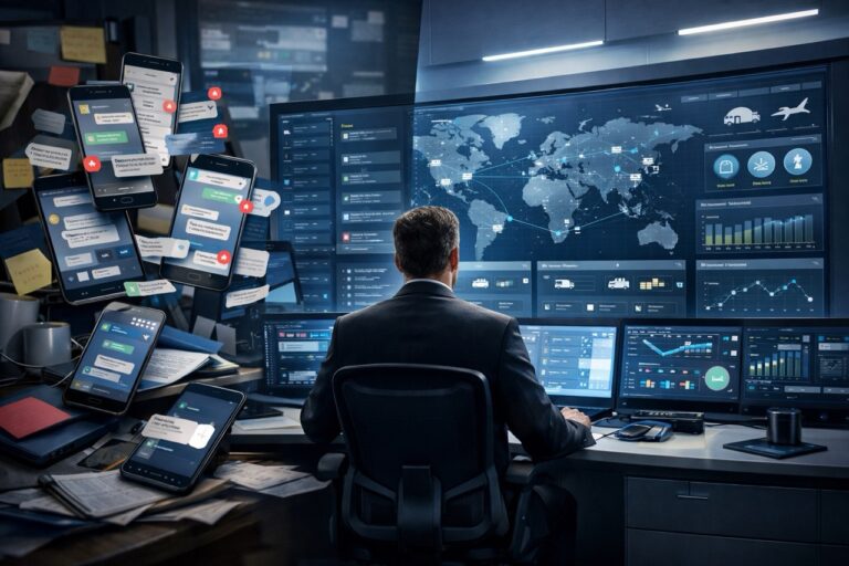 Logistics executive in a control room viewing a unified dashboard, with chaotic mobile chat threads and notifications on one side and an organized AI-powered operations interface on the other.