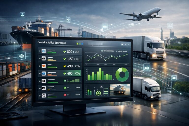 Executive dashboard analyzing freight carrier CO2 emissions with verified data, showing ships, trucks, trains, and aircraft connected to real-time data streams
