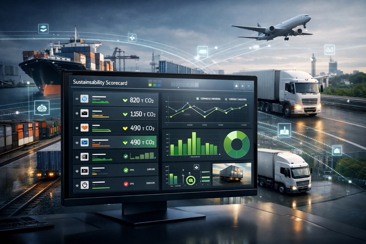 Executive dashboard analyzing freight carrier CO2 emissions with verified data, showing ships, trucks, trains, and aircraft connected to real-time data streams