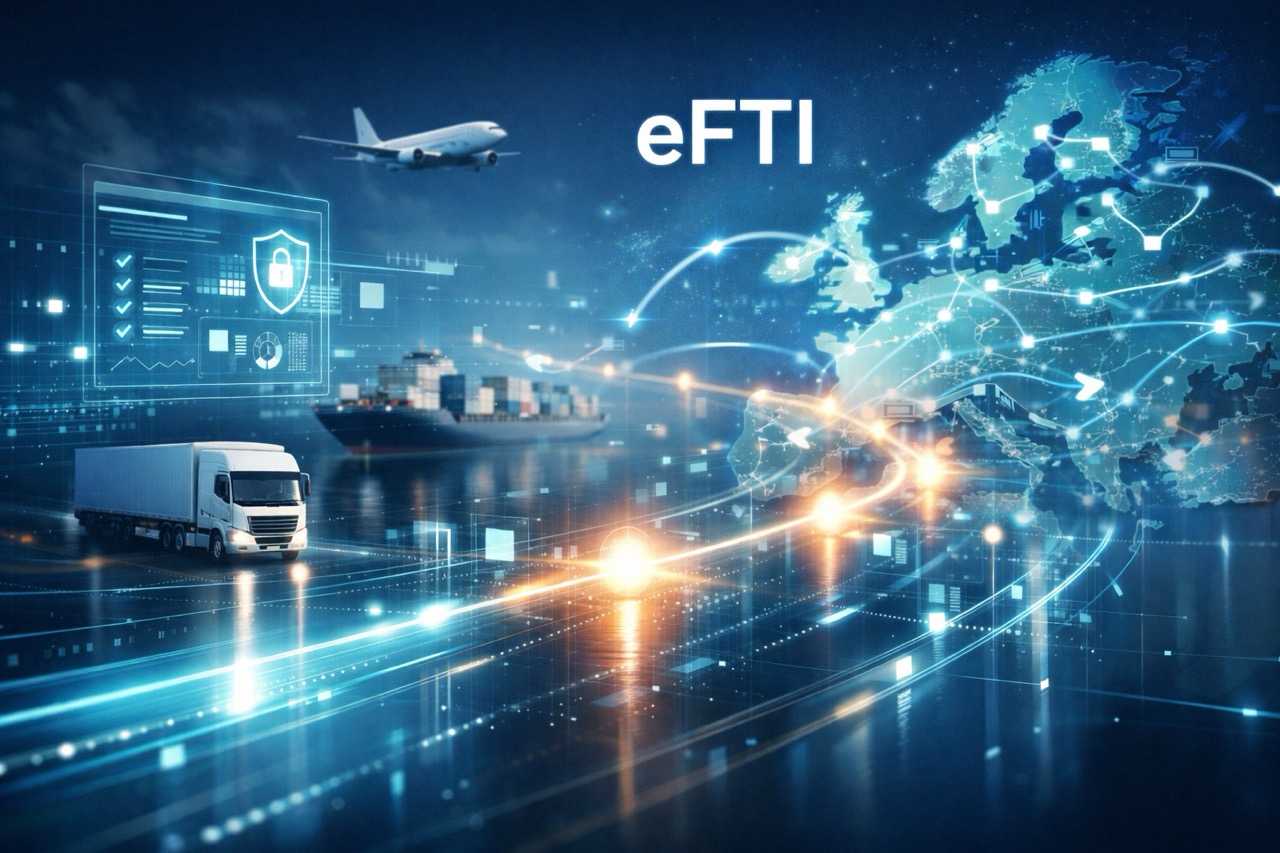 Illustration of a digital European logistics network showing a glowing map of Europe with arrows connecting countries, the label “eFTI,” and trucks, ships, and aircraft linked by data streams and compliance dashboards.