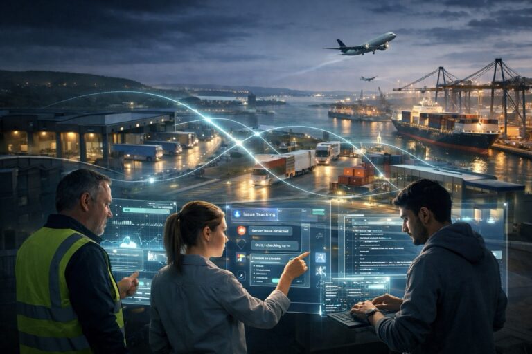 European logistics hub at dusk with trucks, ships, and aircraft connected by digital data flows, while logistics professionals collaborate using holographic dashboards in the foreground.