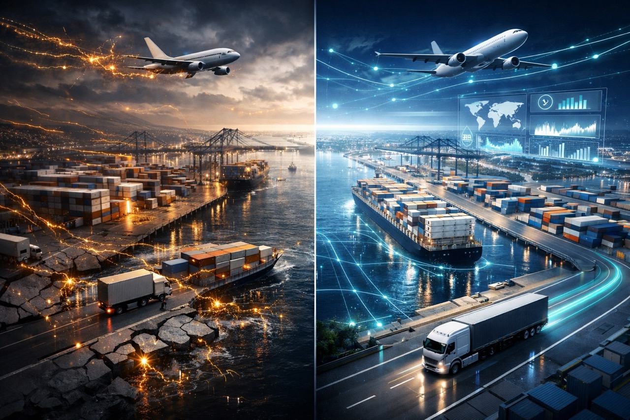 Aerial view of a global logistics network with ports, ships, trucks, and aircraft, contrasting a fragmented system with data leaks on one side and an optimized, digitally synchronized system on the other.