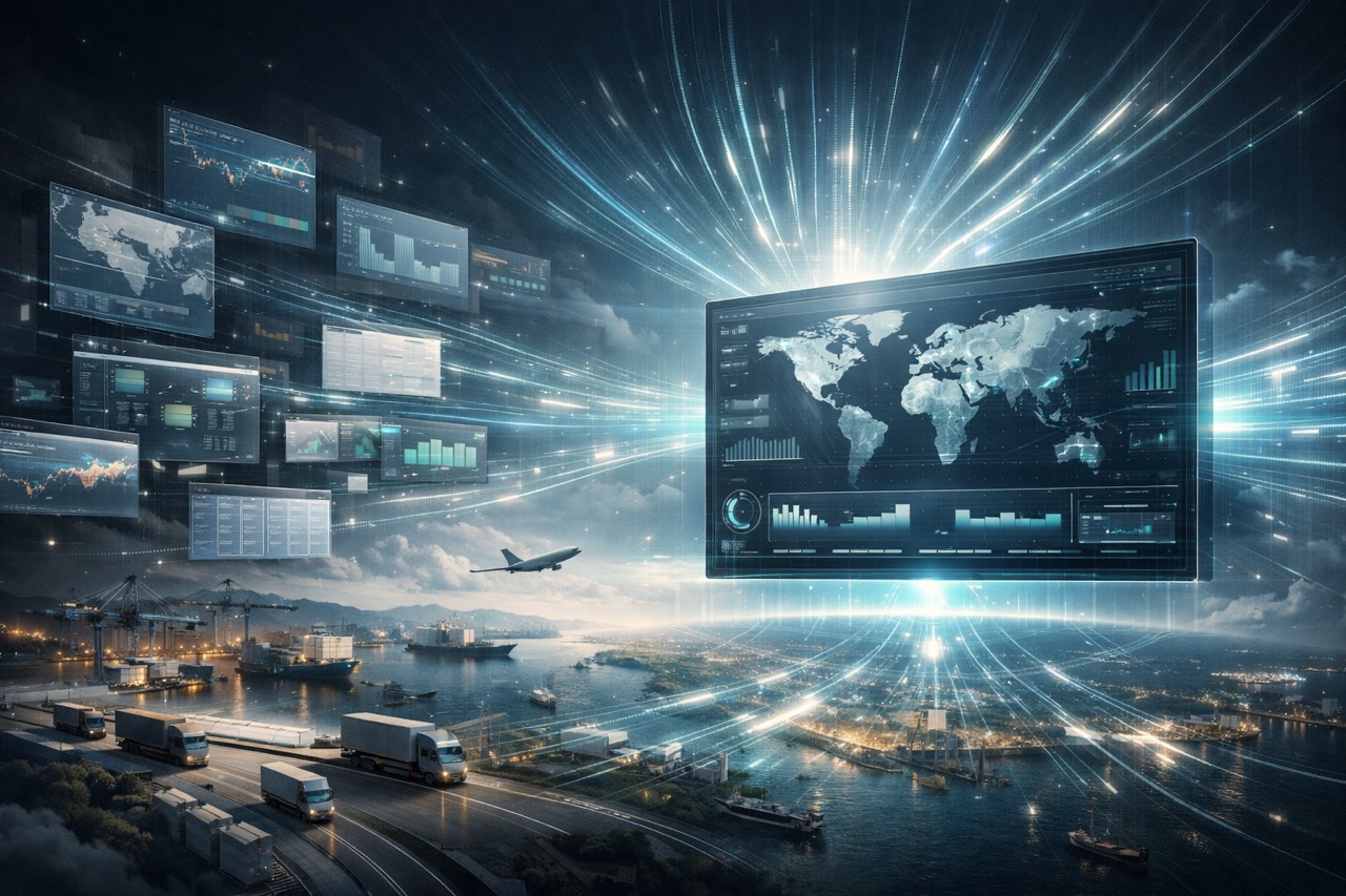 Illustration showing fragmented logistics data systems converging into a single unified digital dashboard above a global transport network of ships, trucks, and aircraft.