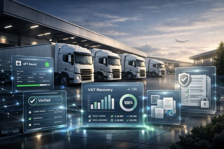 Modern logistics trucks at a smart distribution hub with digital compliance panels showing validated transport records, audit trails, and financial dashboards