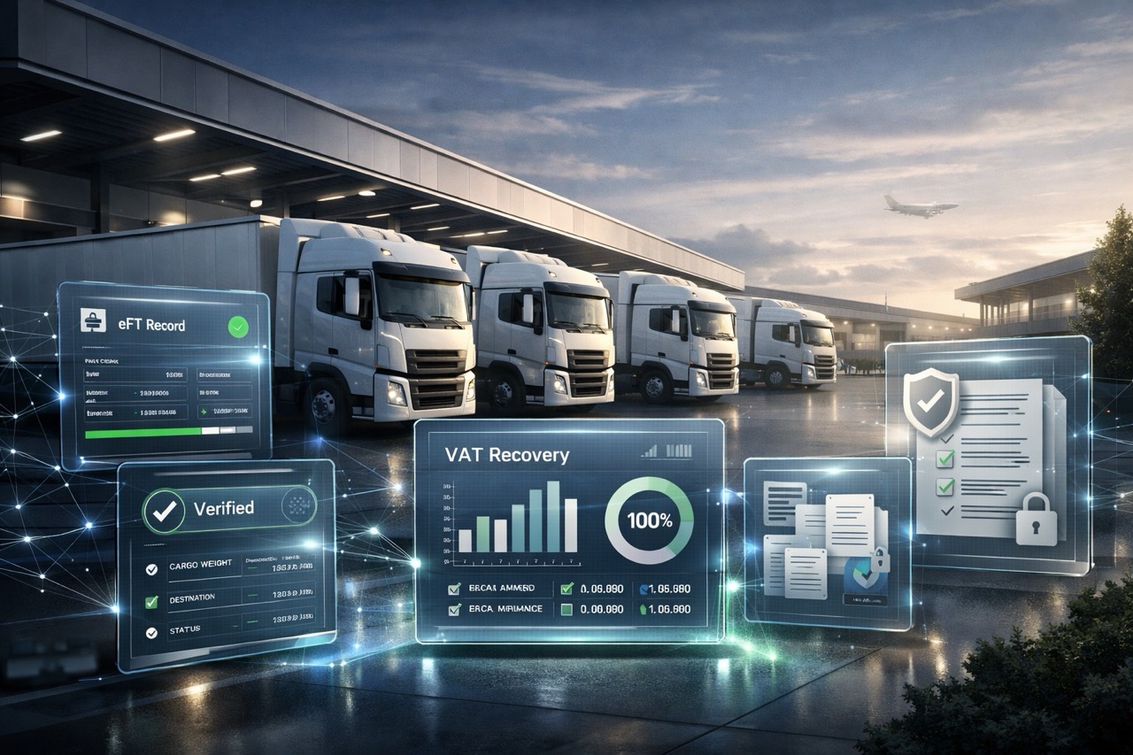 Modern logistics trucks at a smart distribution hub with digital compliance panels showing validated transport records, audit trails, and financial dashboards