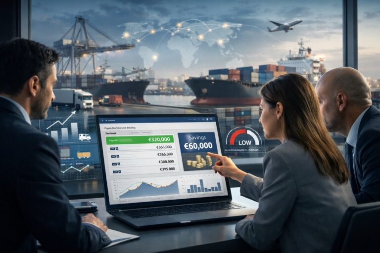 Logistics professionals reviewing freight carrier bids on a digital marketplace dashboard with cost comparisons and port operations in the background