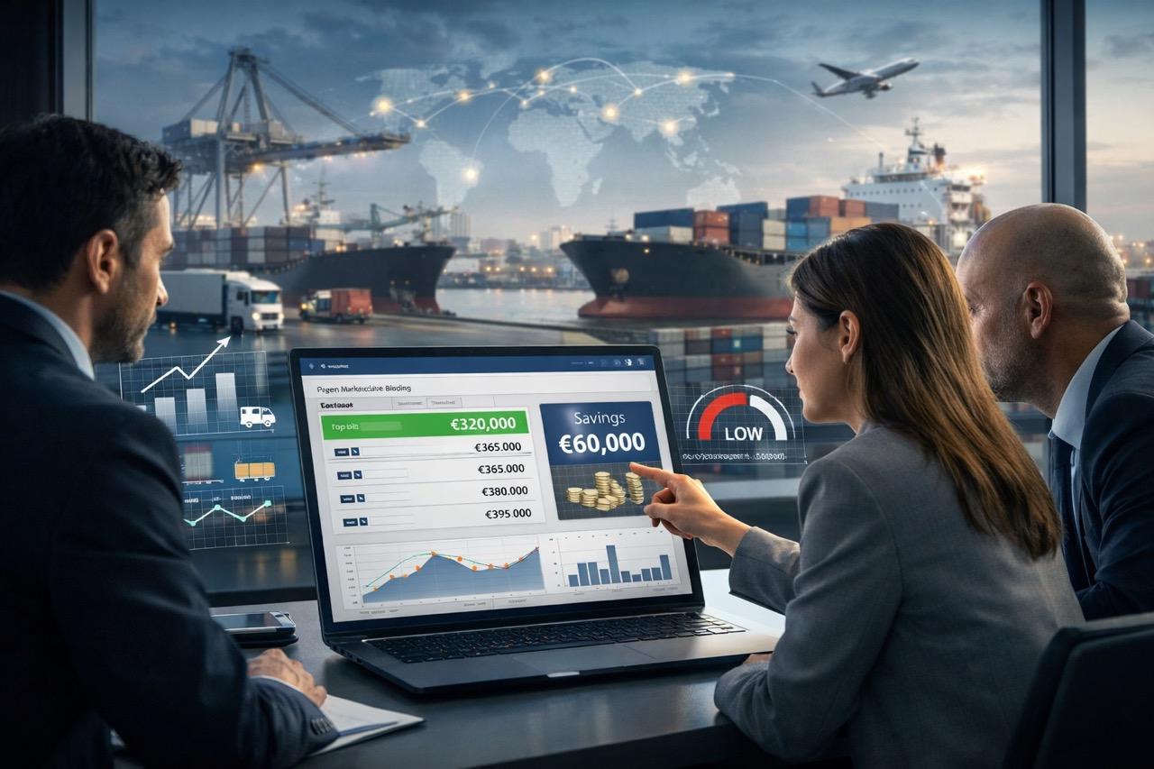 Logistics professionals reviewing freight carrier bids on a digital marketplace dashboard with cost comparisons and port operations in the background