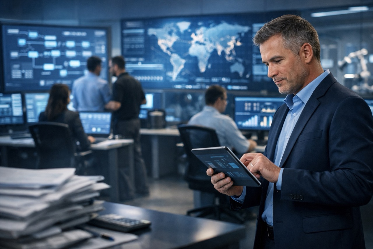 Modern logistics control room with professionals working around digital dashboards while a manager reviews data on a tablet and paperwork fades in the foreground