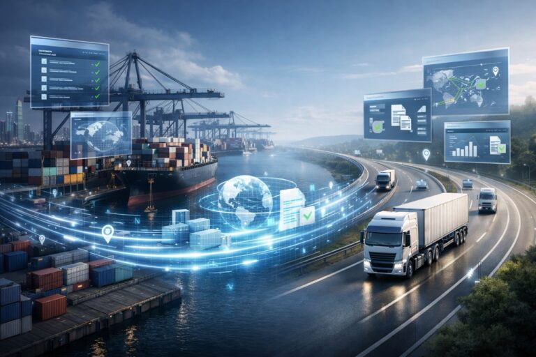 Smart seaport with container ships and cranes connected to a highway with freight trucks through digital data interfaces and synchronized logistics systems