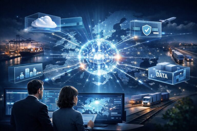 Digital logistics platform hub connecting transport networks across Europe with data streams, APIs, and modular system layers, with professionals analyzing dashboards in the foreground