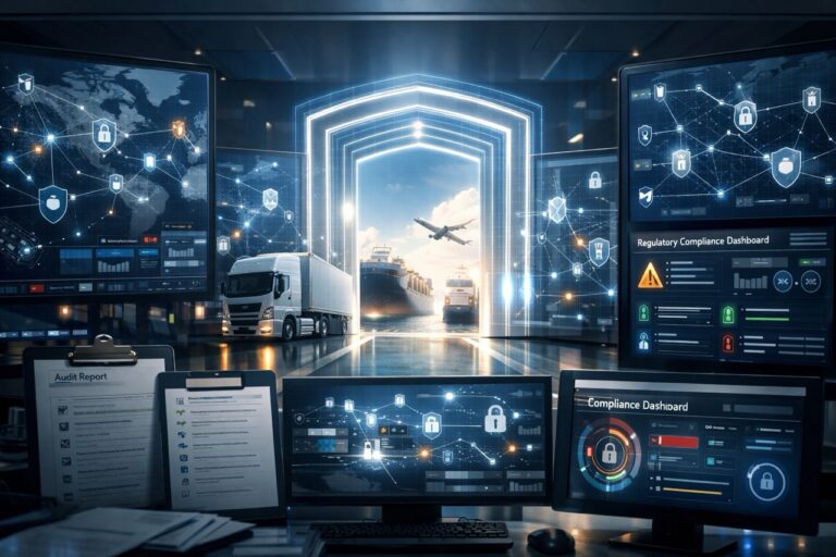 Modern transportation management system control center with secure freight network, connected trucks, ships, and aircraft, featuring cybersecurity indicators and compliance dashboards